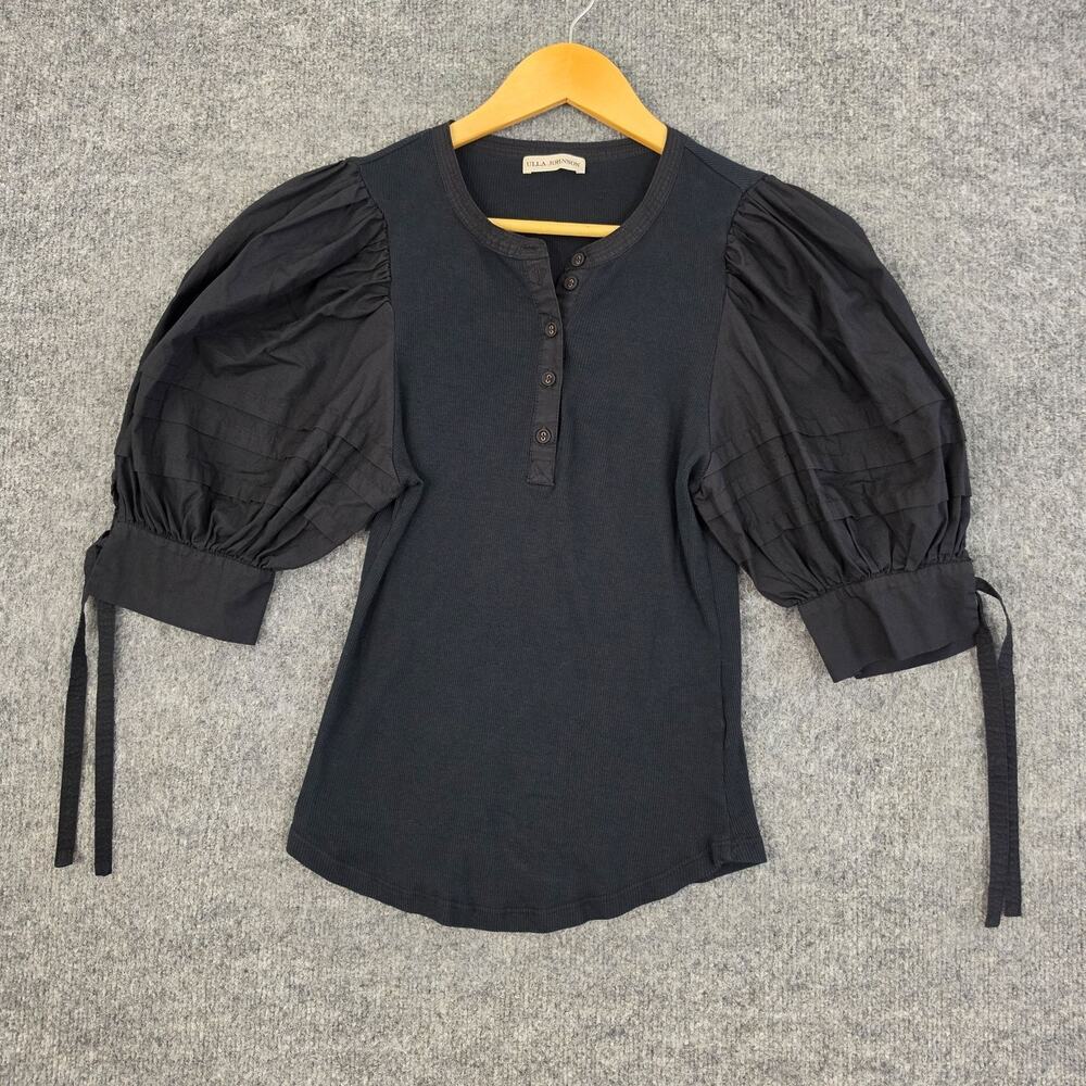 Ulla Johnson Top Large Coralee Puff Sleeve Blouse Black Knit Boho Minimalist Chi